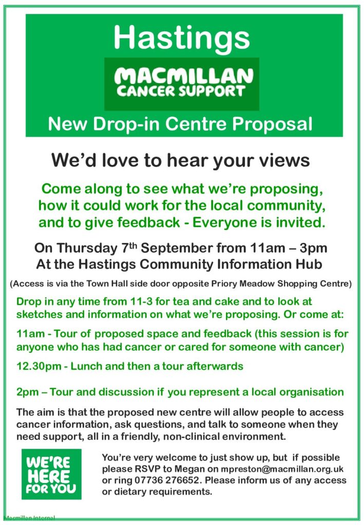 Macmillan Cancer Support – New Drop-in Centre Proposal On Thursday 7 th September from 11am 3pm