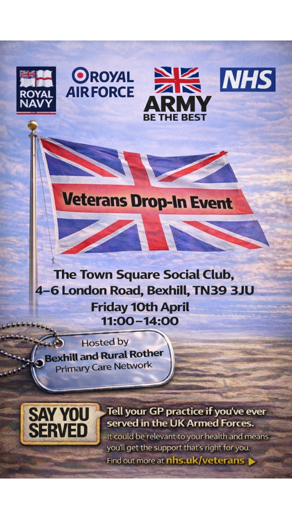 Veterans drop in event, Friday 10th Apil 11am - 2pm. The Town square social club 