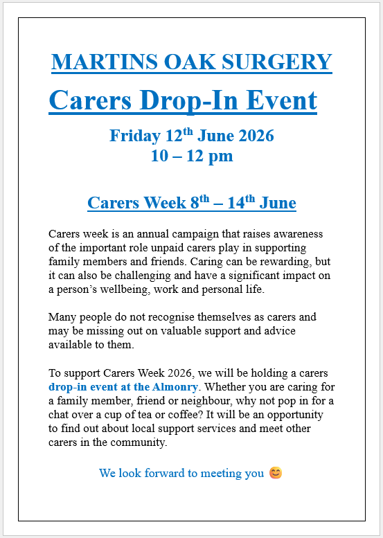Martins Oak Carers Drop In Event. Friday 12th June 2026 10am-12pm, The Almonry 42 High St, Battle TN33 0EA